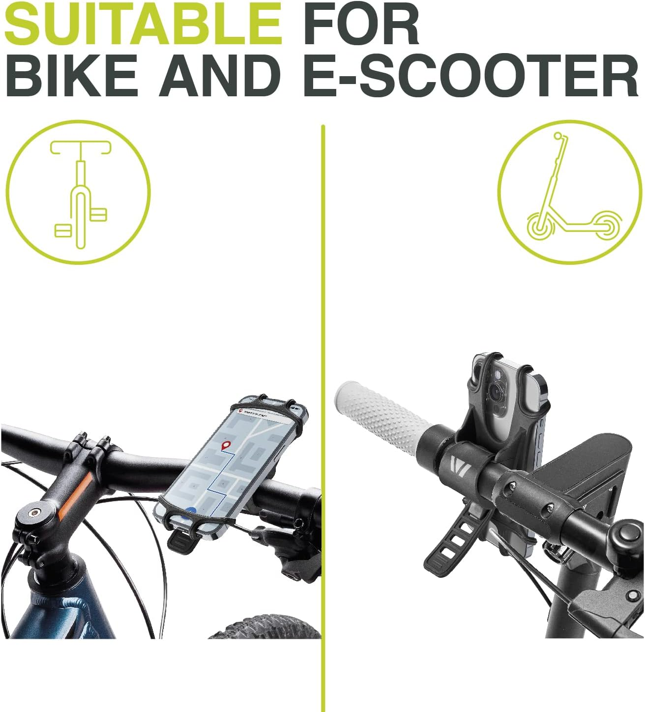 Ein Fahrrad und ein E-Scooter mit Telefonhalterungen an ihren Lenkern, mit Text.