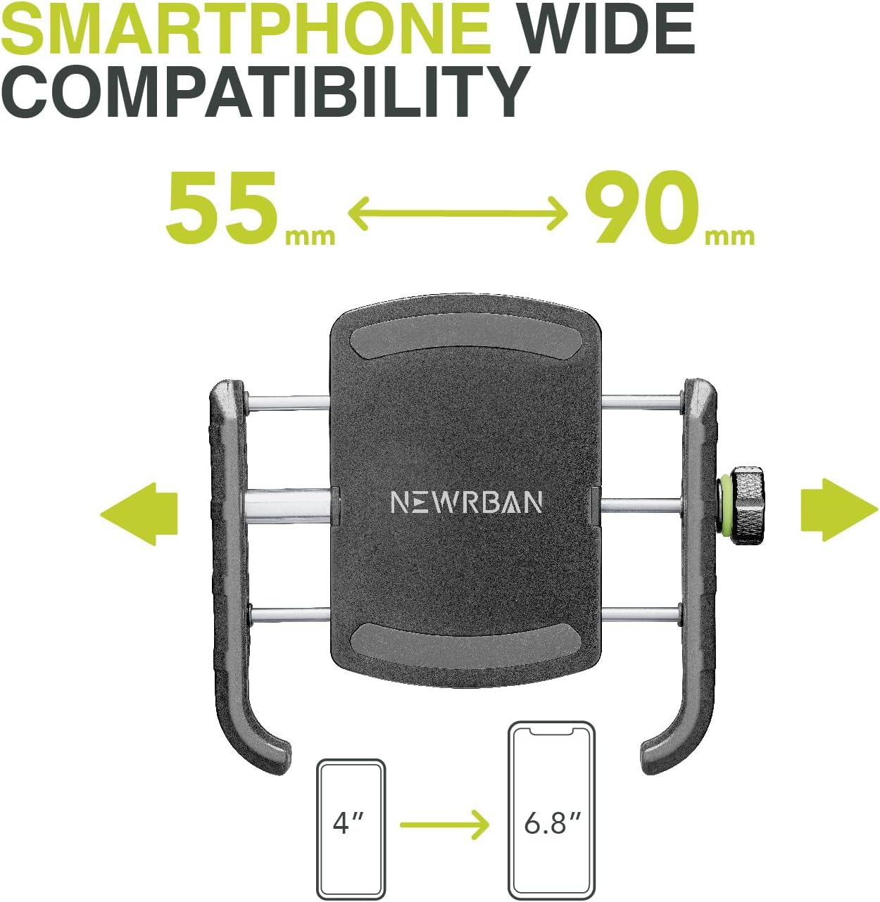 Supporto per smartphone. Mostra la gamma di dimensioni di smartphone supportate, da 4" a 6,8".