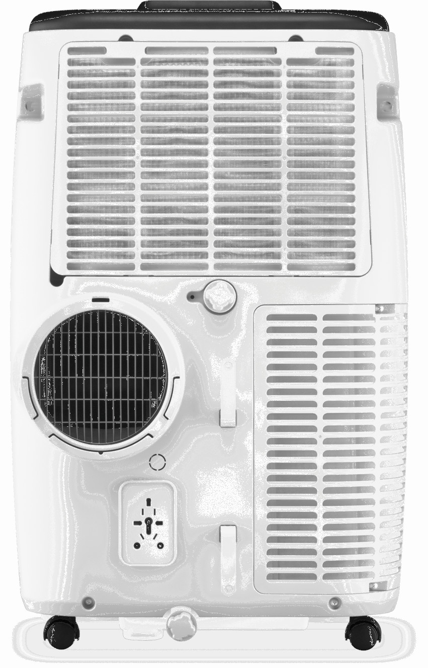 L'arrière d'un climatiseur portable blanc. Il comporte des évents, un ventilateur, une prise de courant, des poignées et des roues.