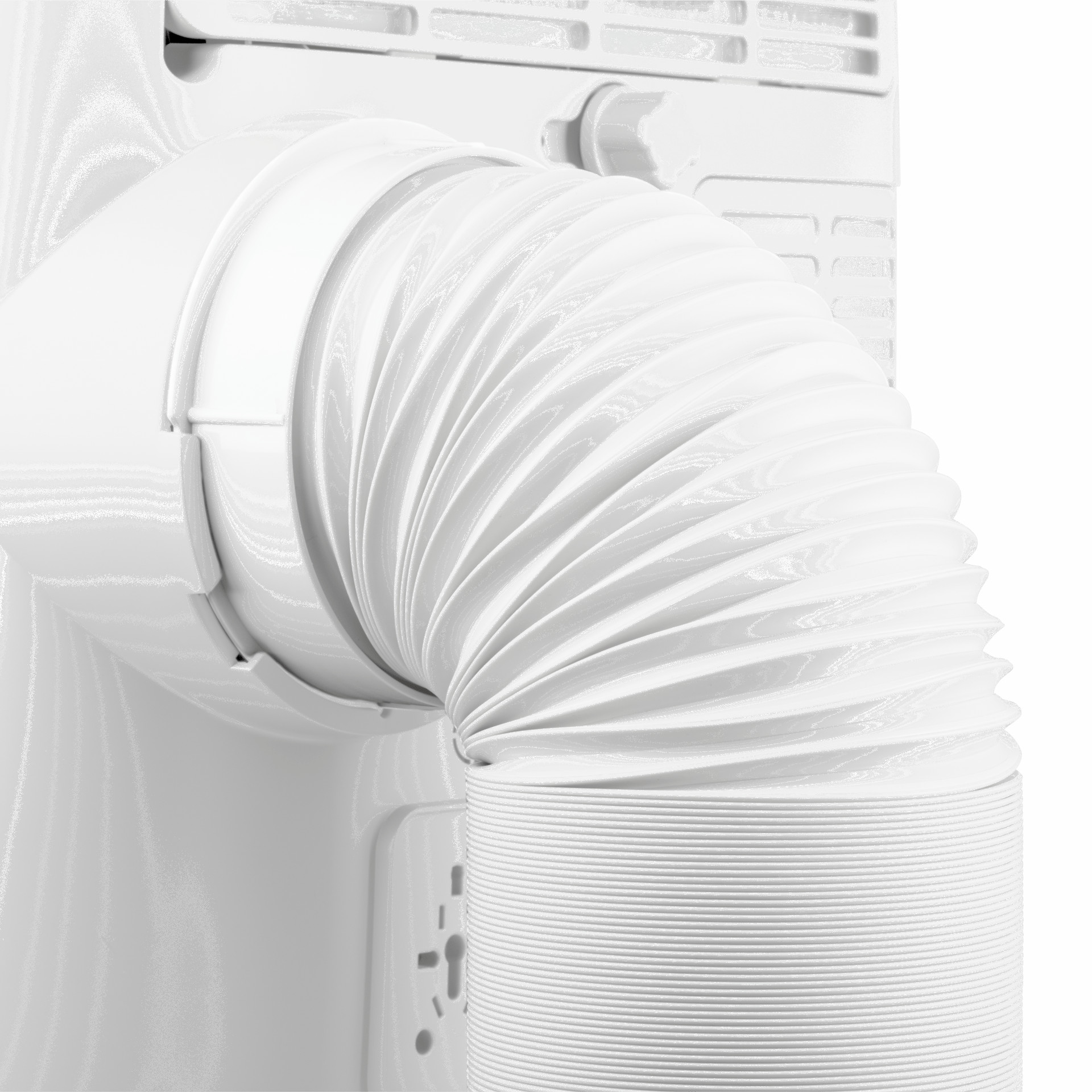 Gros plan d'un conduit d'air flexible blanc connecté à un appareil blanc. Le conduit est courbé avec une texture nervurée.