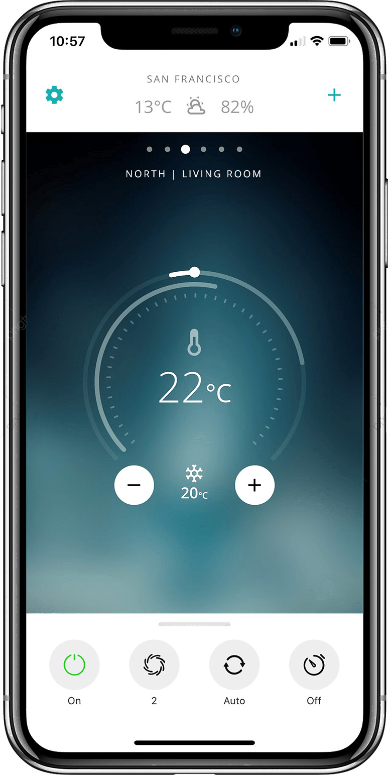 Écran de smartphone affichant une interface d'application domotique. Affiche la température, les commandes et les détails de la pièce.