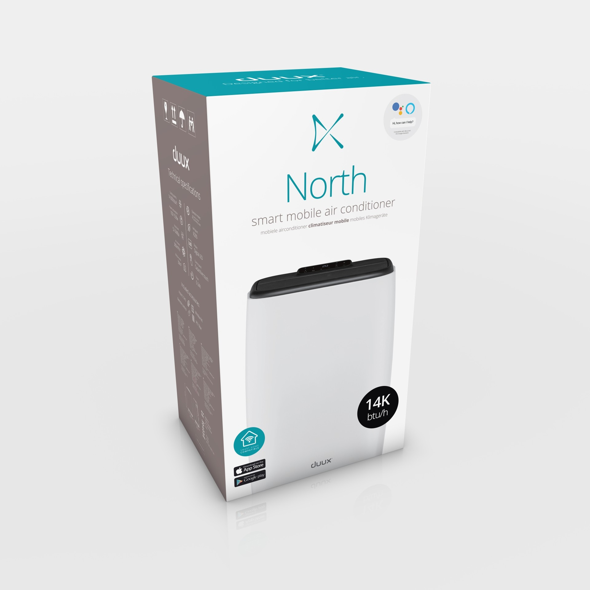 Boîte de climatiseur mobile intelligent North. Blanc avec dessus noir. Texte et logo visibles.