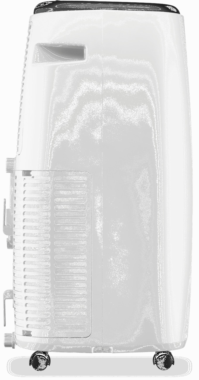 Un climatiseur blanc. Il possède une ventilation, un panneau de commande et repose sur des roues. Le dessus est noir.