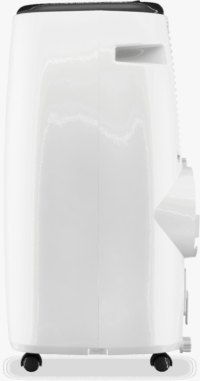 Vue latérale d'un climatiseur blanc. Il a un dessus noir, une ventilation et de petites roues noires. La surface est brillante.