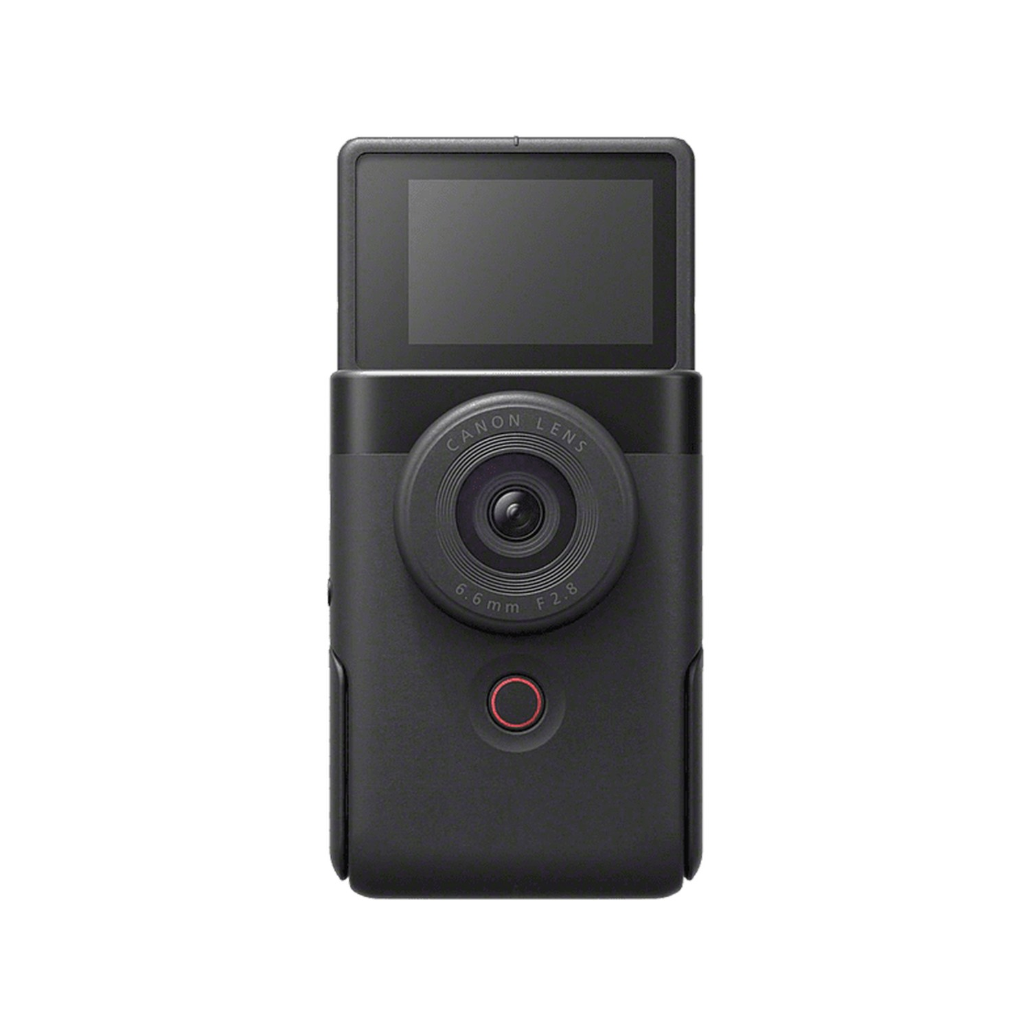 Black camera with a screen on the top. Red record button. White background.
