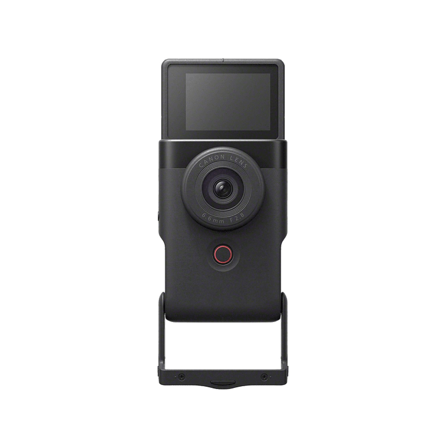 Black Canon camera with a screen and a red button.