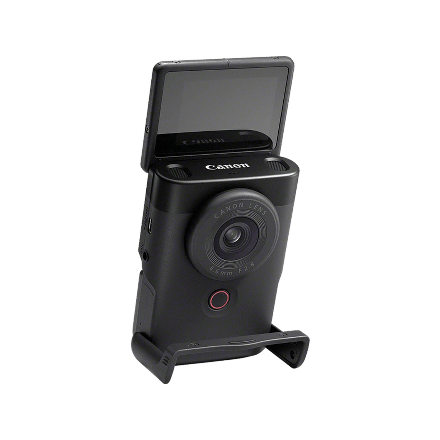 Black Canon camera with lens, screen, and red button. Tilting screen is visible.