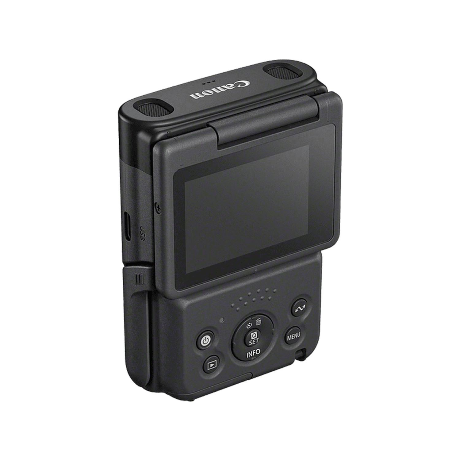 Black Canon camera with a flip-out screen and buttons. The lens is on the top.