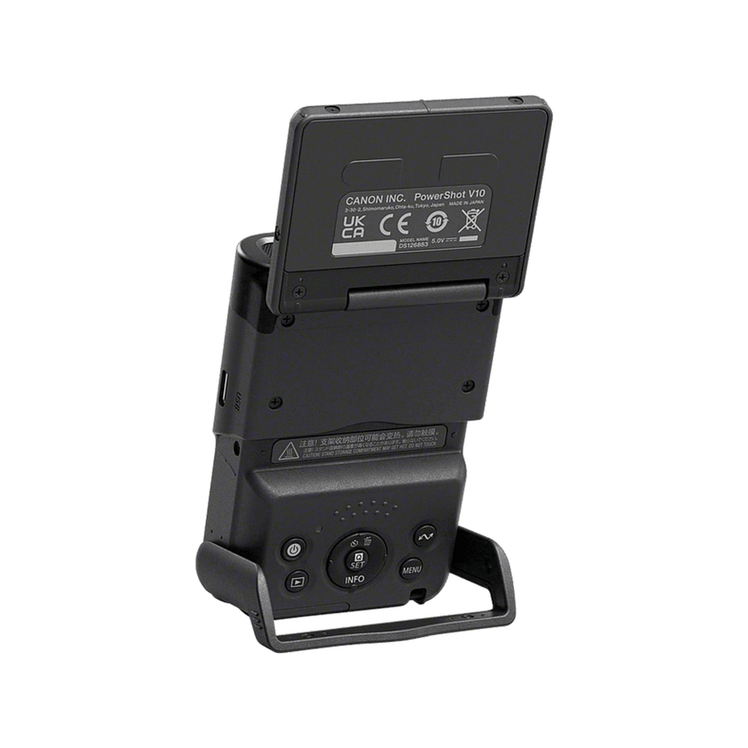 Black camera with an open screen, showing the back of the device with control buttons.