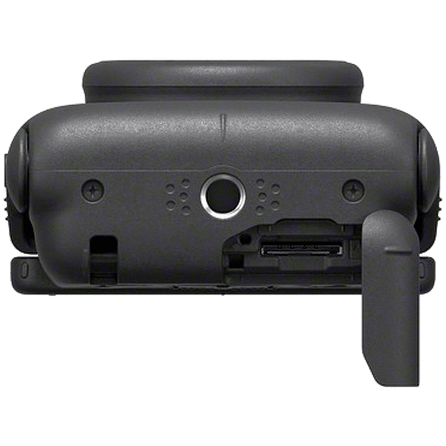 Rear view of a black camera with ports and buttons visible, including a microphone port.