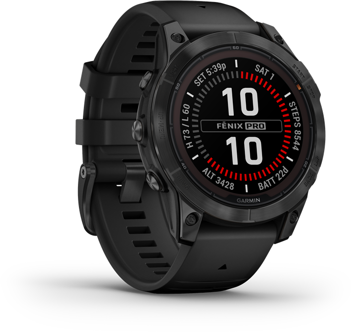 Garmin Fenix Pro óra. Fekete, digitális kijelzővel, ami időt, magasságot mutat.