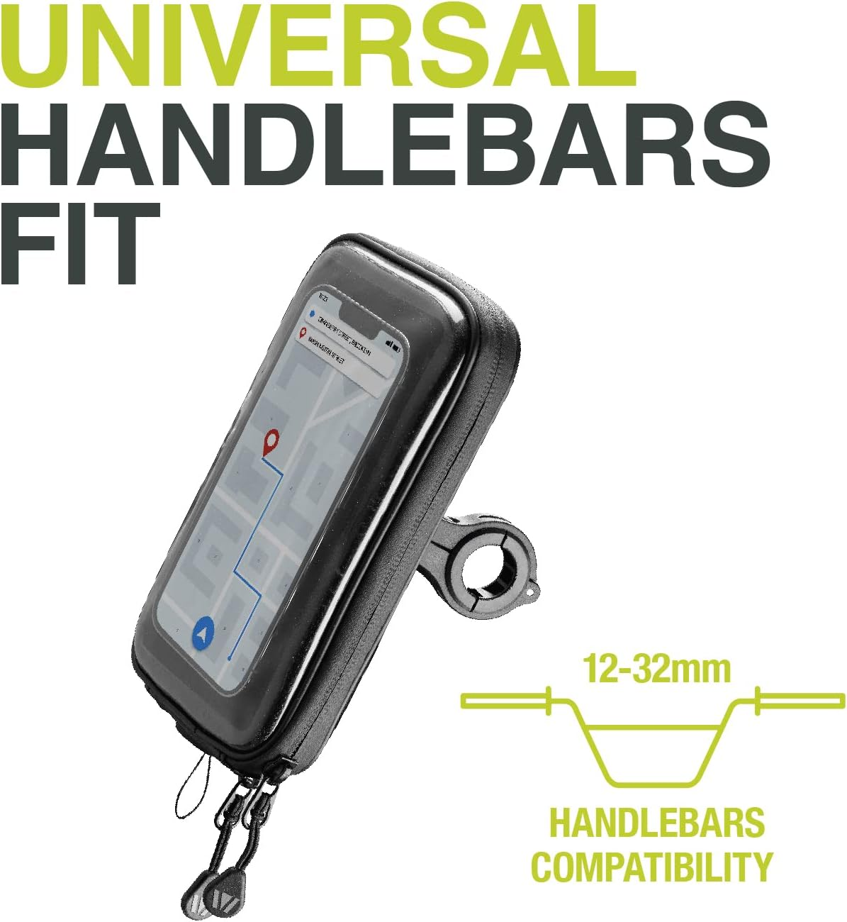 Un étui de téléphone monté sur un guidon. Le texte indique 'Universal Handlebars Fit' et 'Handlebars Compatibility'.