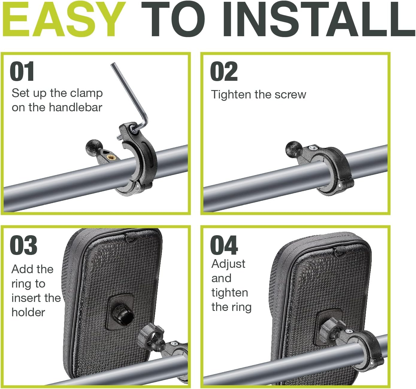 Instructions : Installer la pince, serrer la vis, ajouter l'anneau, ajuster et serrer.