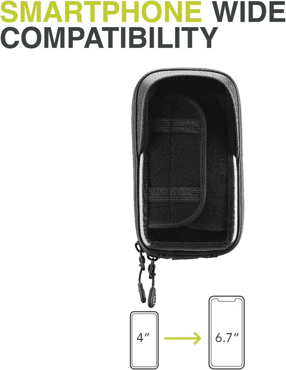 Sac pour smartphone noir avec texte 'Smartphone Wide Compatibility' et comparaison de taille.