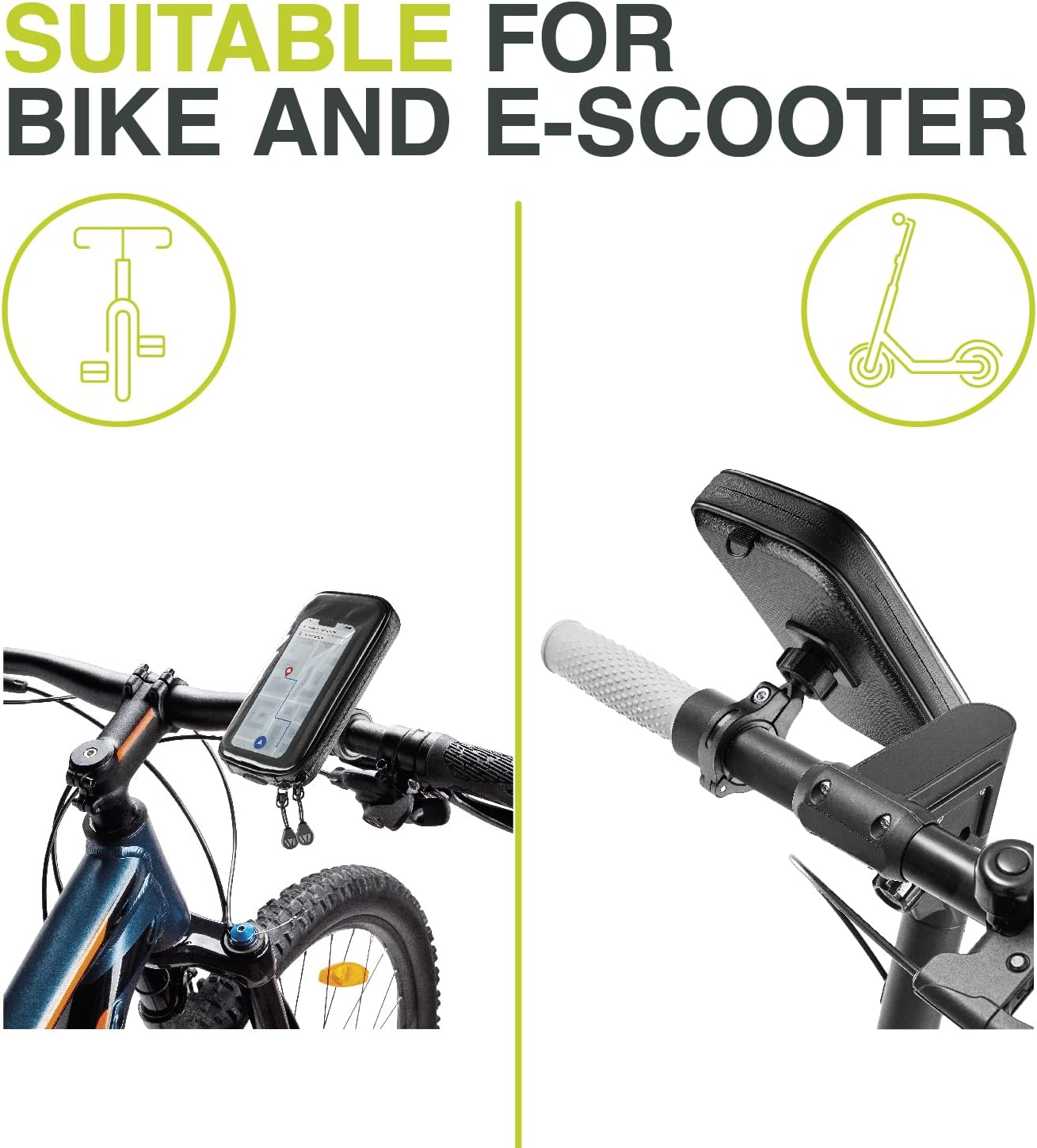 Supports de vélo et de trottinette électrique avec un téléphone, fond blanc.