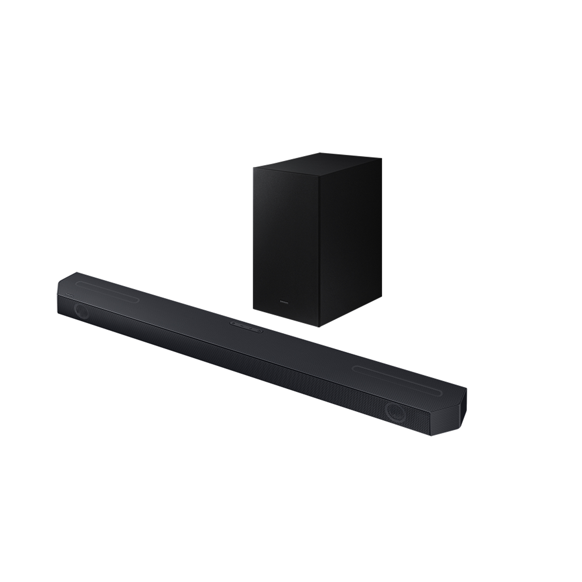 Barra de sonido y subwoofer negros sobre fondo negro.