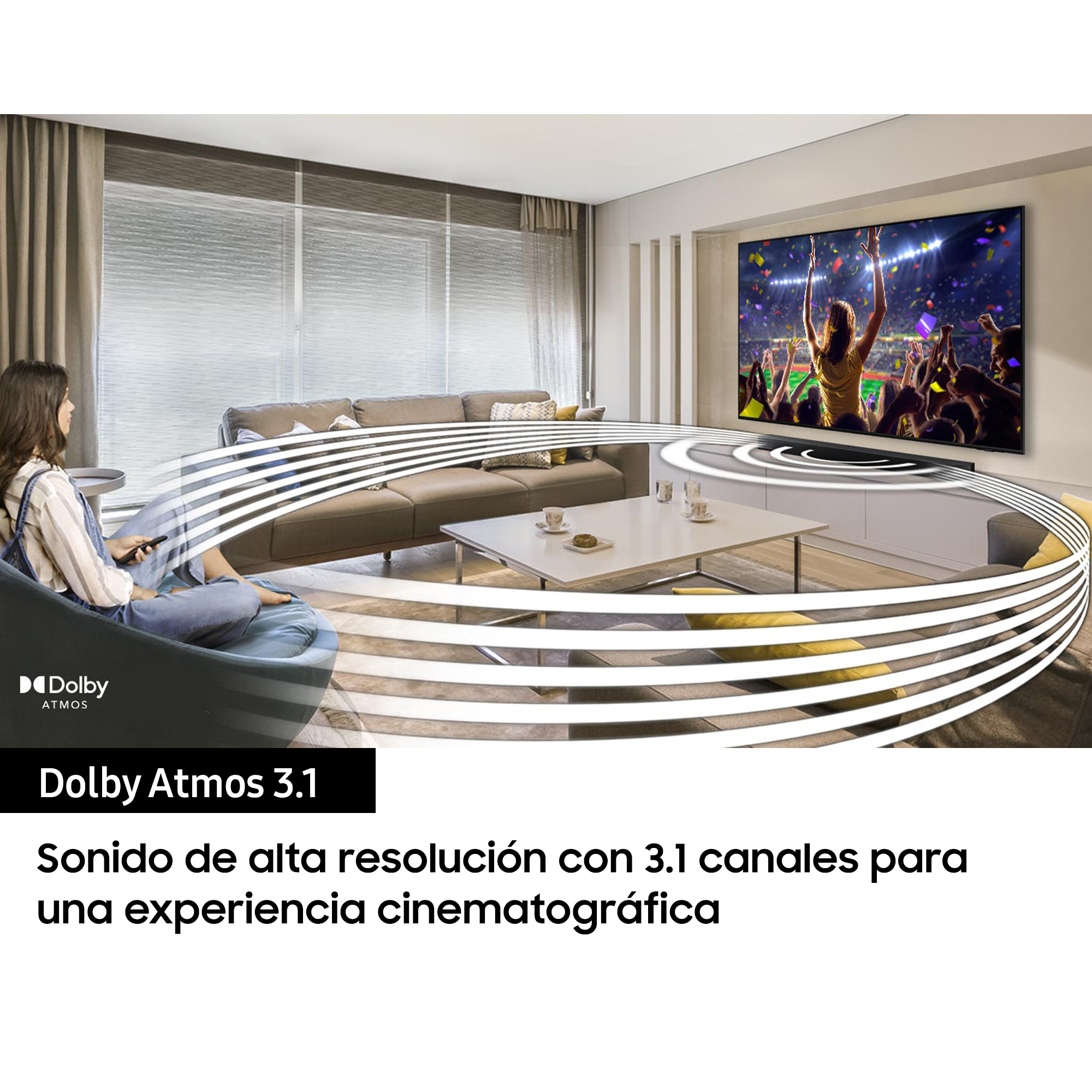 Habitación con TV mostrando un concierto, una mujer con mando a distancia y gráficos de ondas sonoras.