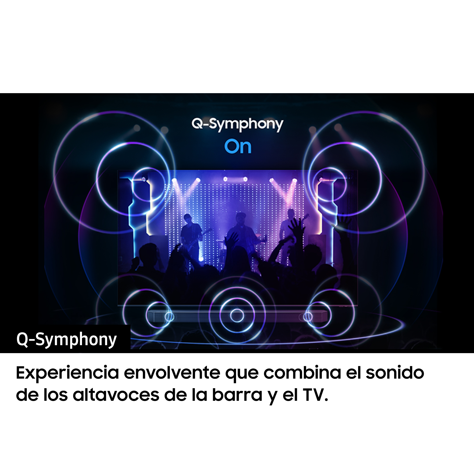 Escenario con banda tocando. Texto 'Q-Symphony On' y descripción en español.