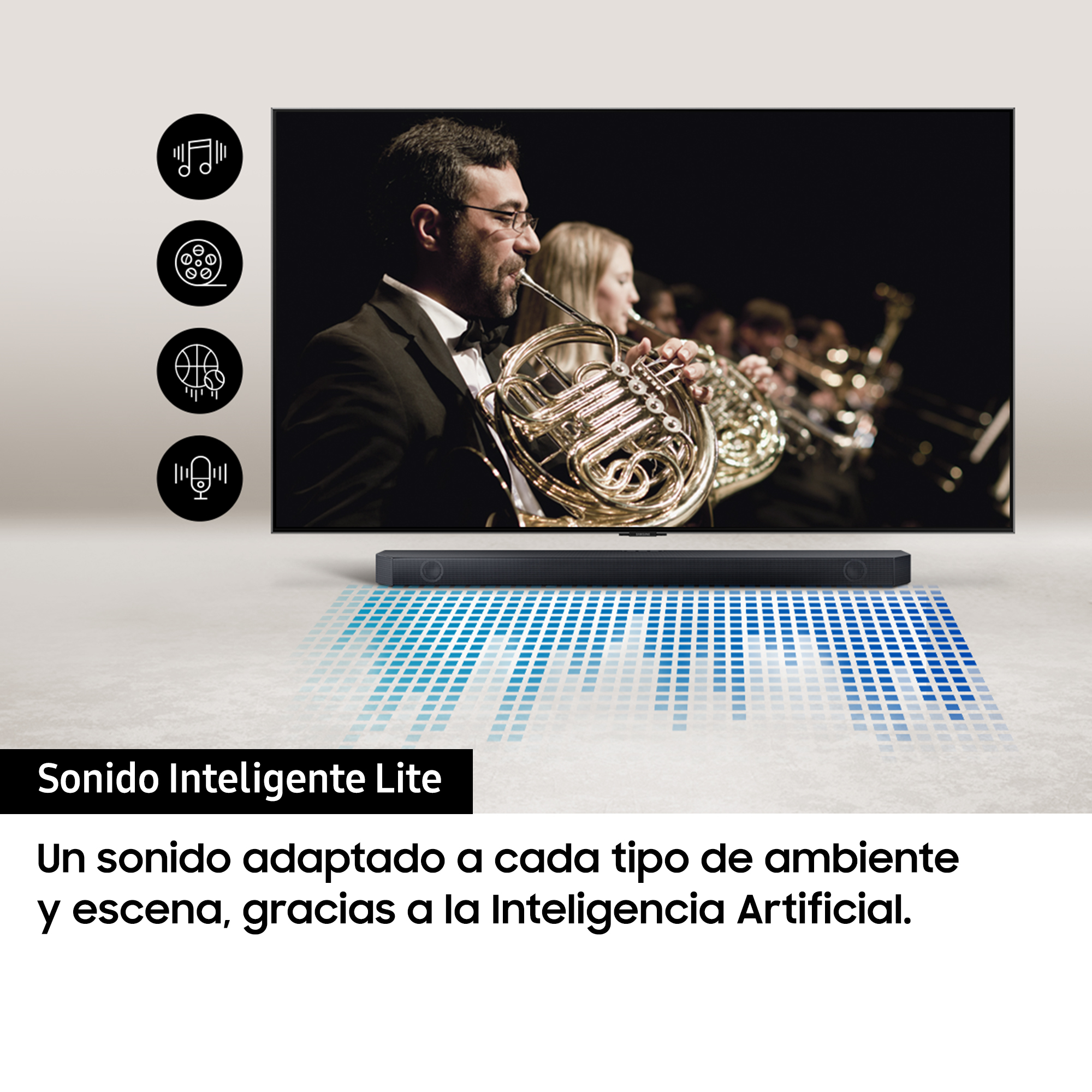 TV con orquesta, barra de sonido y texto. Diseño de píxeles azules en el suelo.