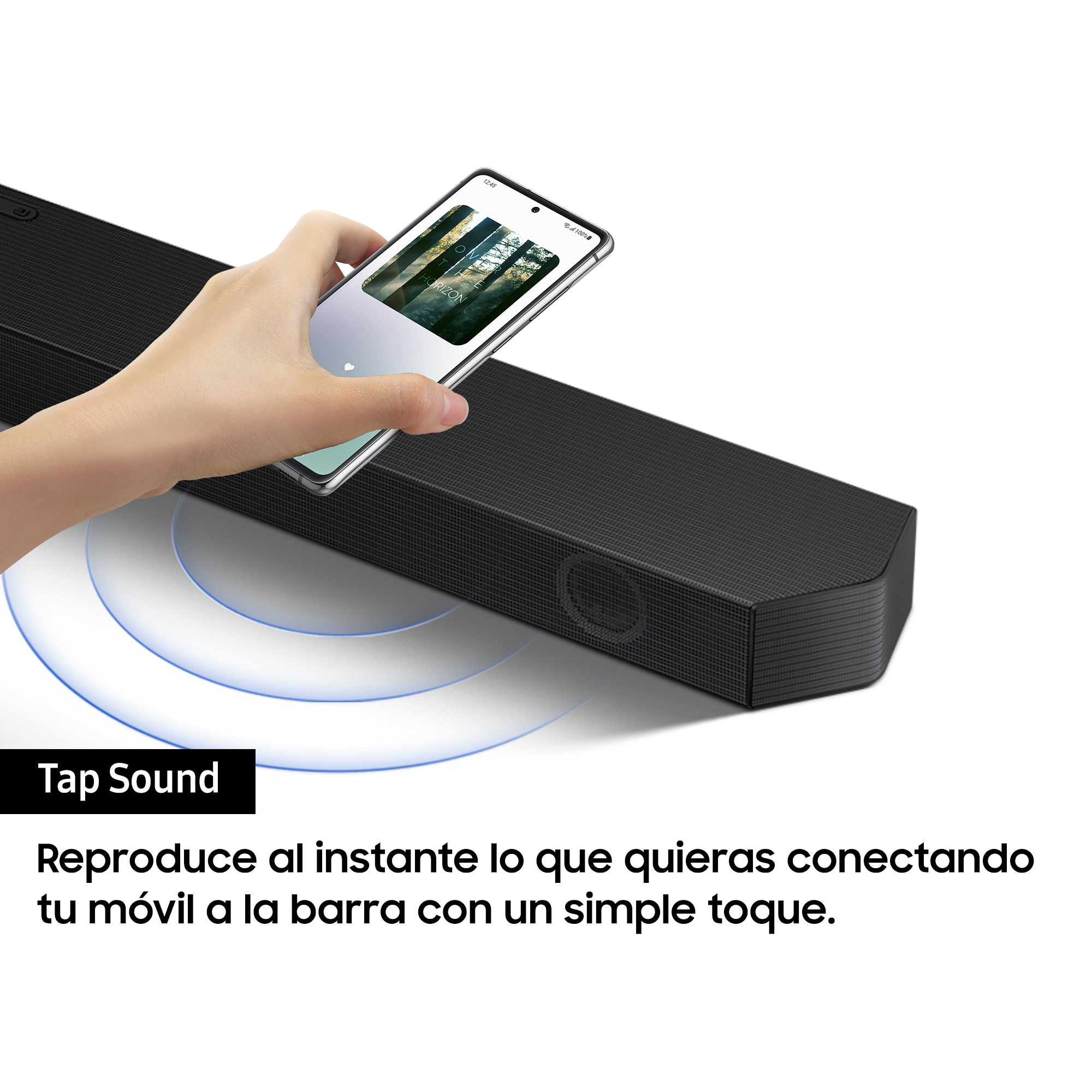 Una barra de sonido negra con un teléfono encima mostrando música, con gráficos de ondas de sonido.