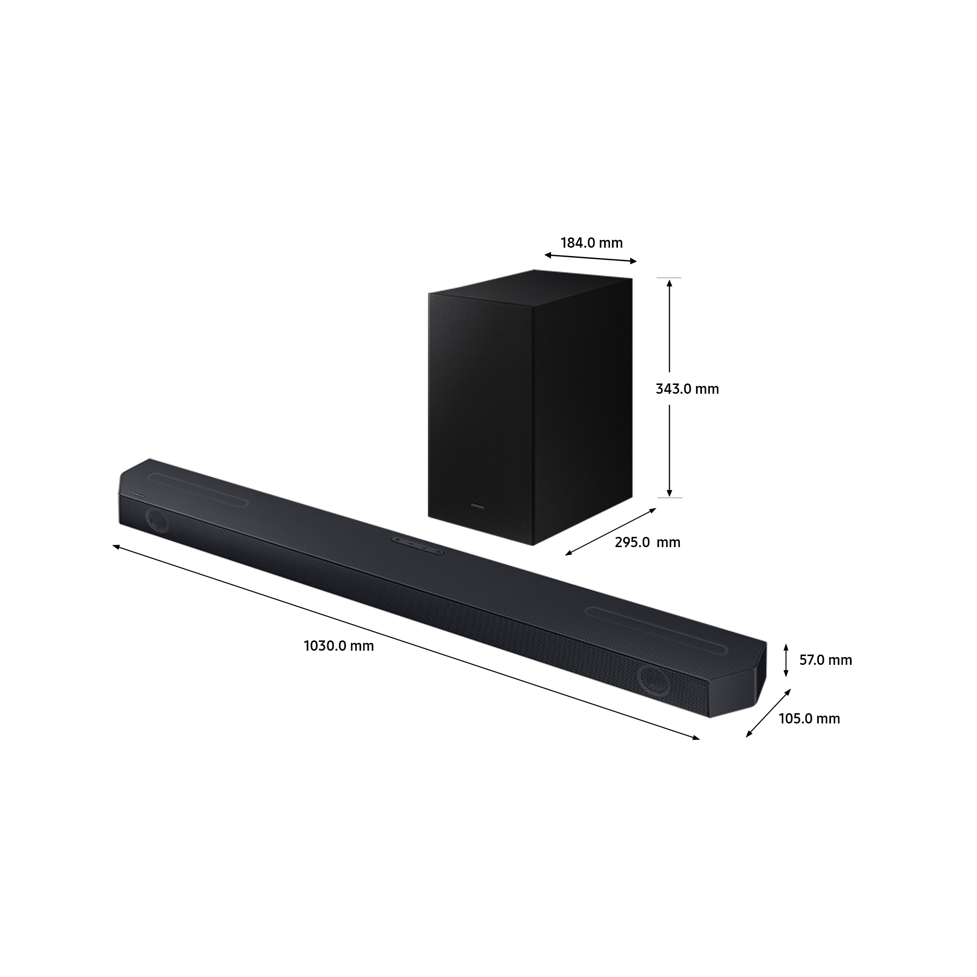 Barra de sonido y subwoofer negros con dimensiones. La barra de sonido tiene un frente de malla y es negra.