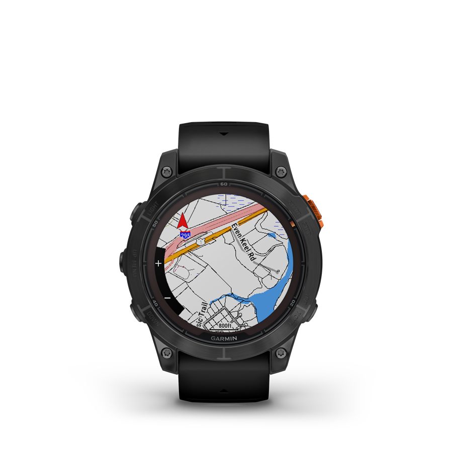 Garmin óra, mely egy térképet mutat útvonallal és fekete szíjjal.