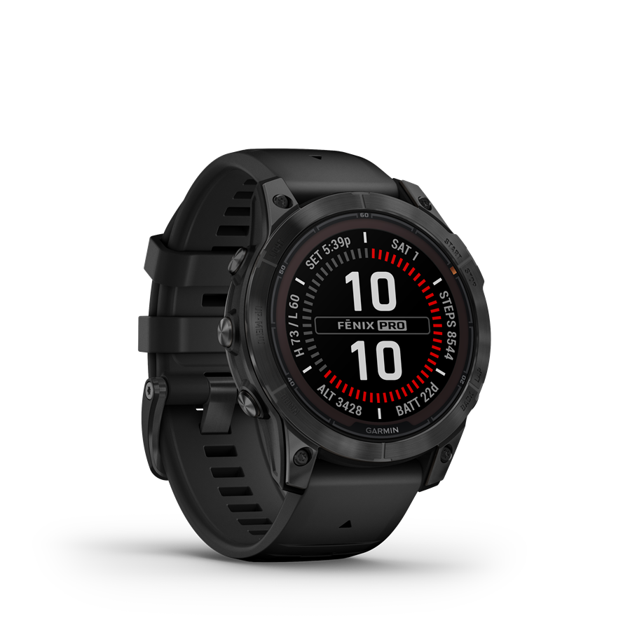 Fekete Garmin Fenix Pro óra, amely időt, lépéseket, magasságot és akkumulátor-élettartamot jelenít meg fekete háttéren.
