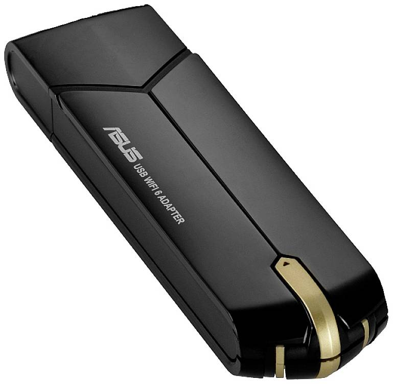Adaptador USB WiFi 6 negro con detalles dorados y marca ASUS.