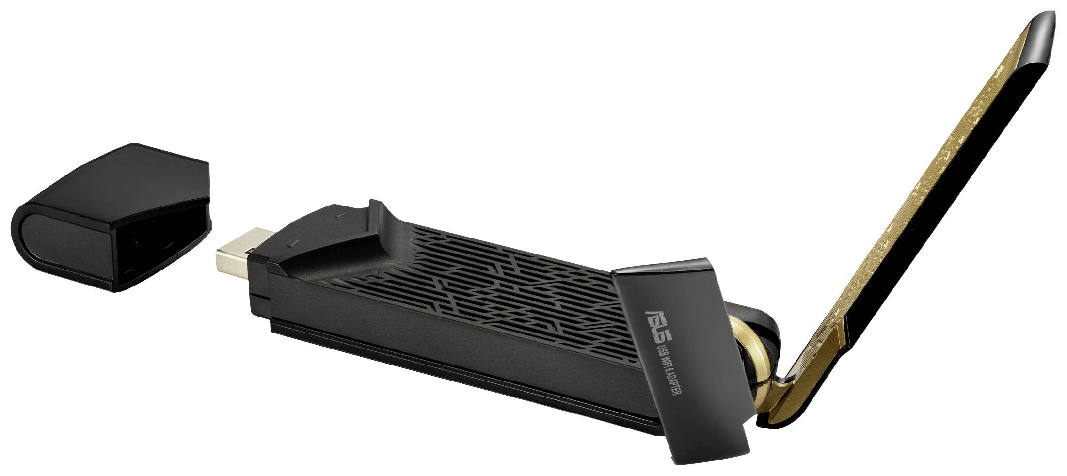 Un adaptador Wi-Fi Asus, parcialmente desmontado, con antena extendida, sobre superficie blanca.