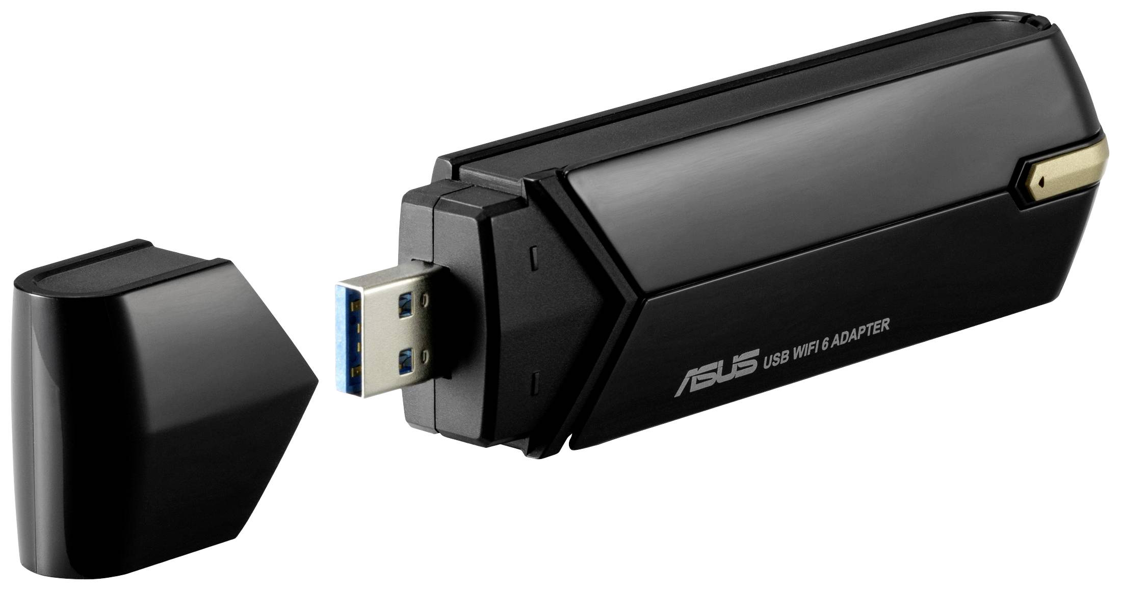 Adaptador WiFi USB negro con tapa extraíble.