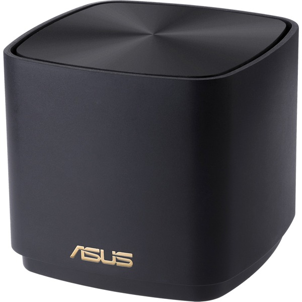 Un router ASUS cuadrado negro con el logotipo dorado de ASUS en la parte delantera.