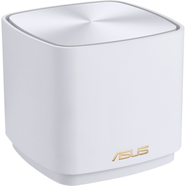 Router Wi-Fi blanco en forma de cubo con el logotipo dorado de ASUS. Bordes redondeados, parte superior plateada.