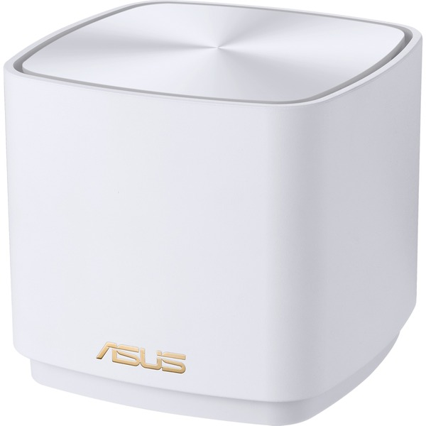 Un router ASUS blanco con forma cuadrada y logo ASUS dorado.