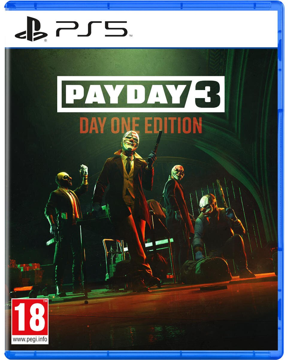 Okładka gry Payday 3 na PS5, przedstawiająca zamaskowane postacie z bronią w ciemnym otoczeniu.