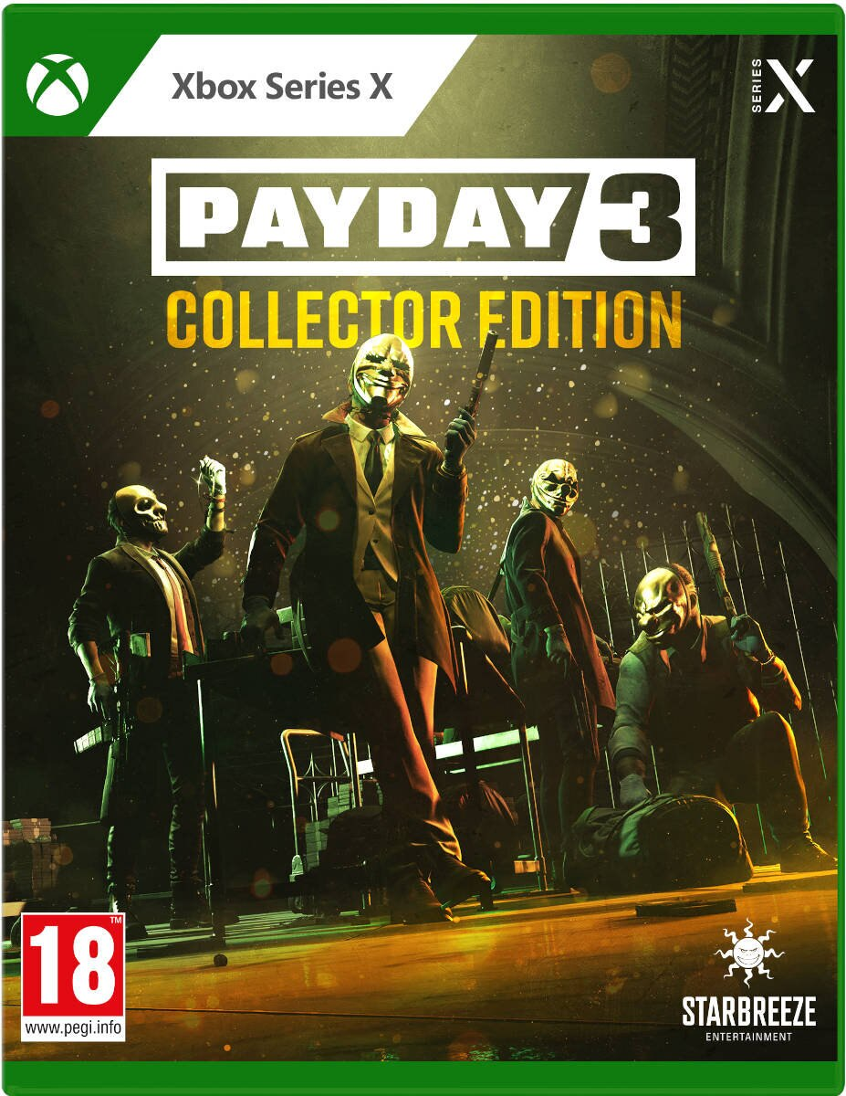 Pudełko z grą Payday 3 Collector's Edition, z zamaskowanymi postaciami i zielonym tłem.