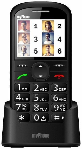 Czarny telefon myPhone z przyciskami i ładowarką.