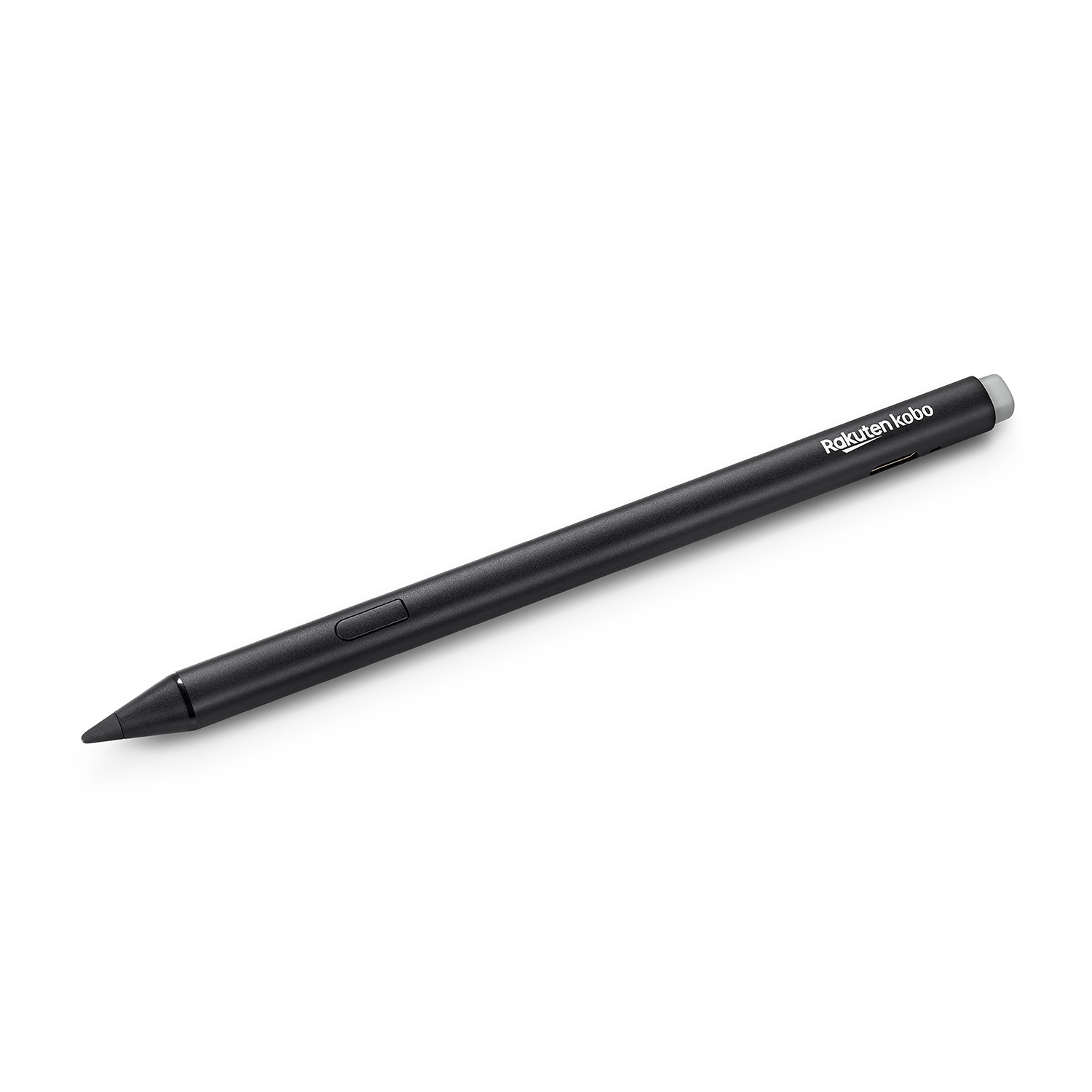 Penna stilo nera. Logo Rakuten Kobo sul lato. La penna è su sfondo bianco.