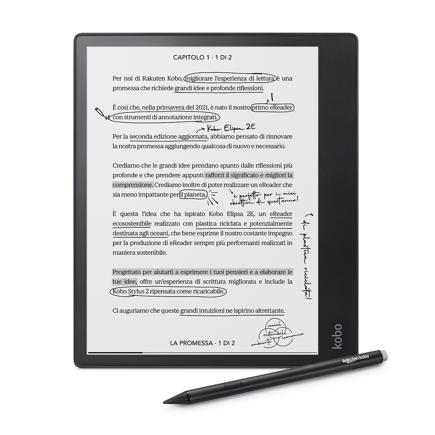 Un e-reader Kobo con note manoscritte e uno stilo sul lato.