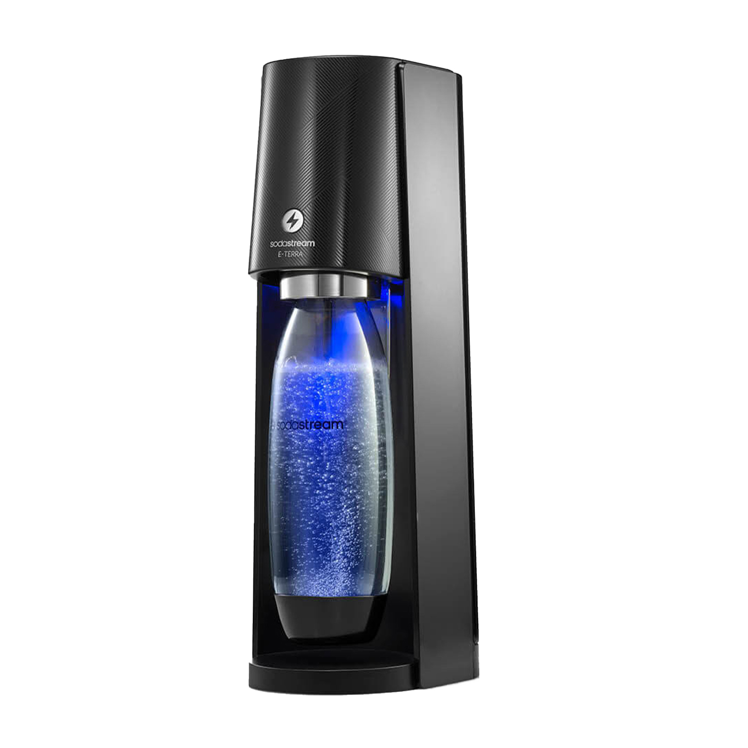 Un sifone nero con bottiglia illuminata di blu, bolle e marchio 'sodastream'.