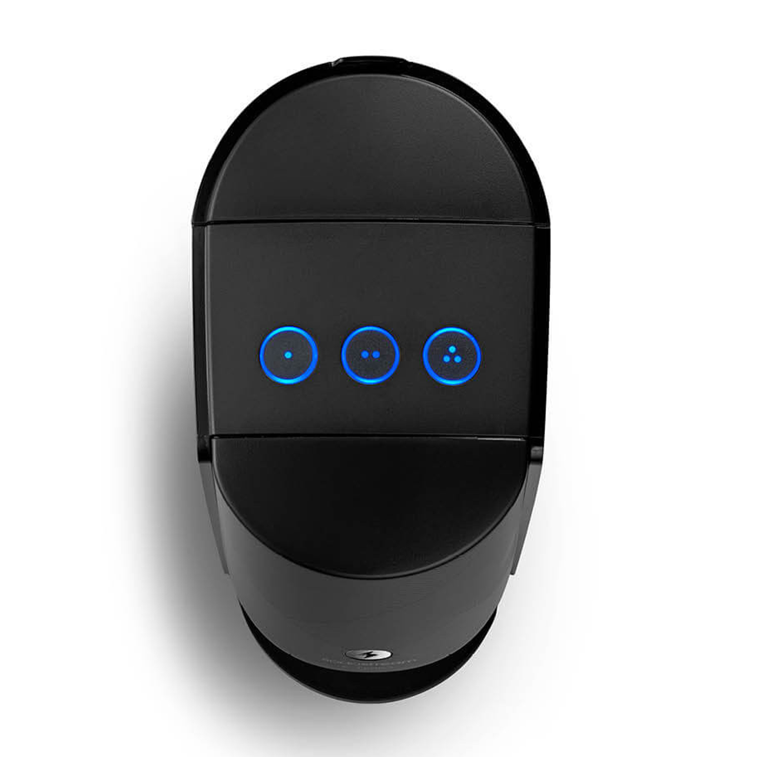 Dispositivo smart home nero con tre pulsanti blu illuminati. Forma arrotondata.