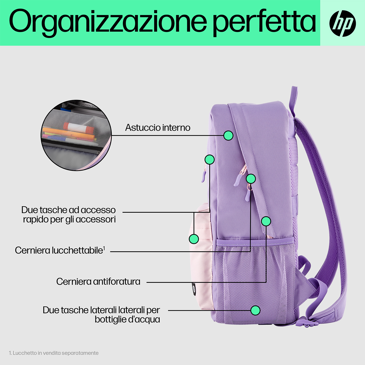 Zaino viola con tasche interne, tasche laterali per bottiglie d'acqua e dettagli con cerniera.
