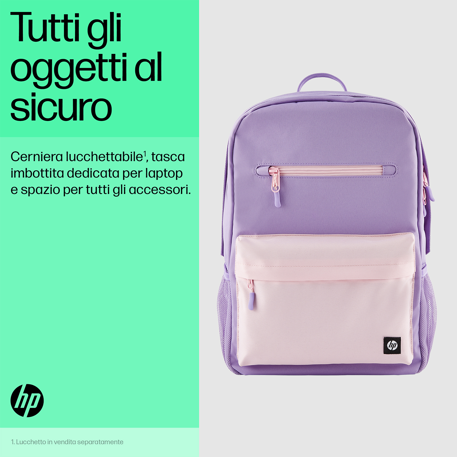 Uno zaino viola e rosa con il logo HP. Testo in italiano su oggetti sicuri.
