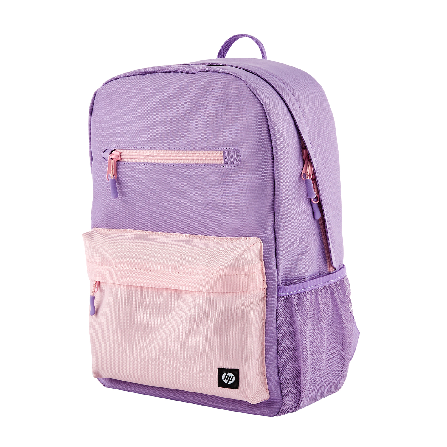 Uno zaino viola con dettagli rosa, cerniere e una tasca frontale, su sfondo bianco.