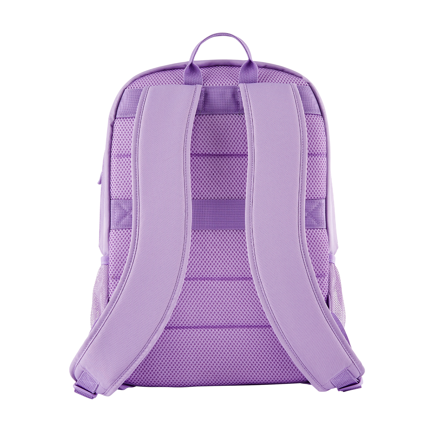 Uno zaino viola, con schienale in rete e spallacci.