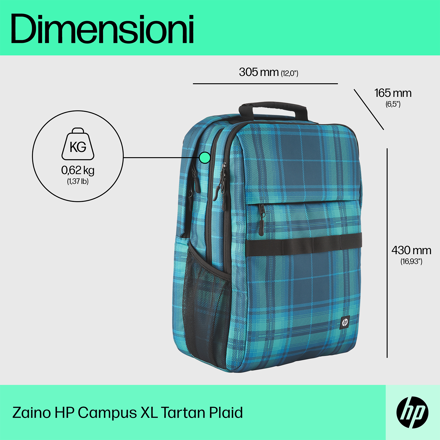 Zaino a quadri blu e verde con dimensioni. Sfondo bianco. Testo 'Zaino HP'.