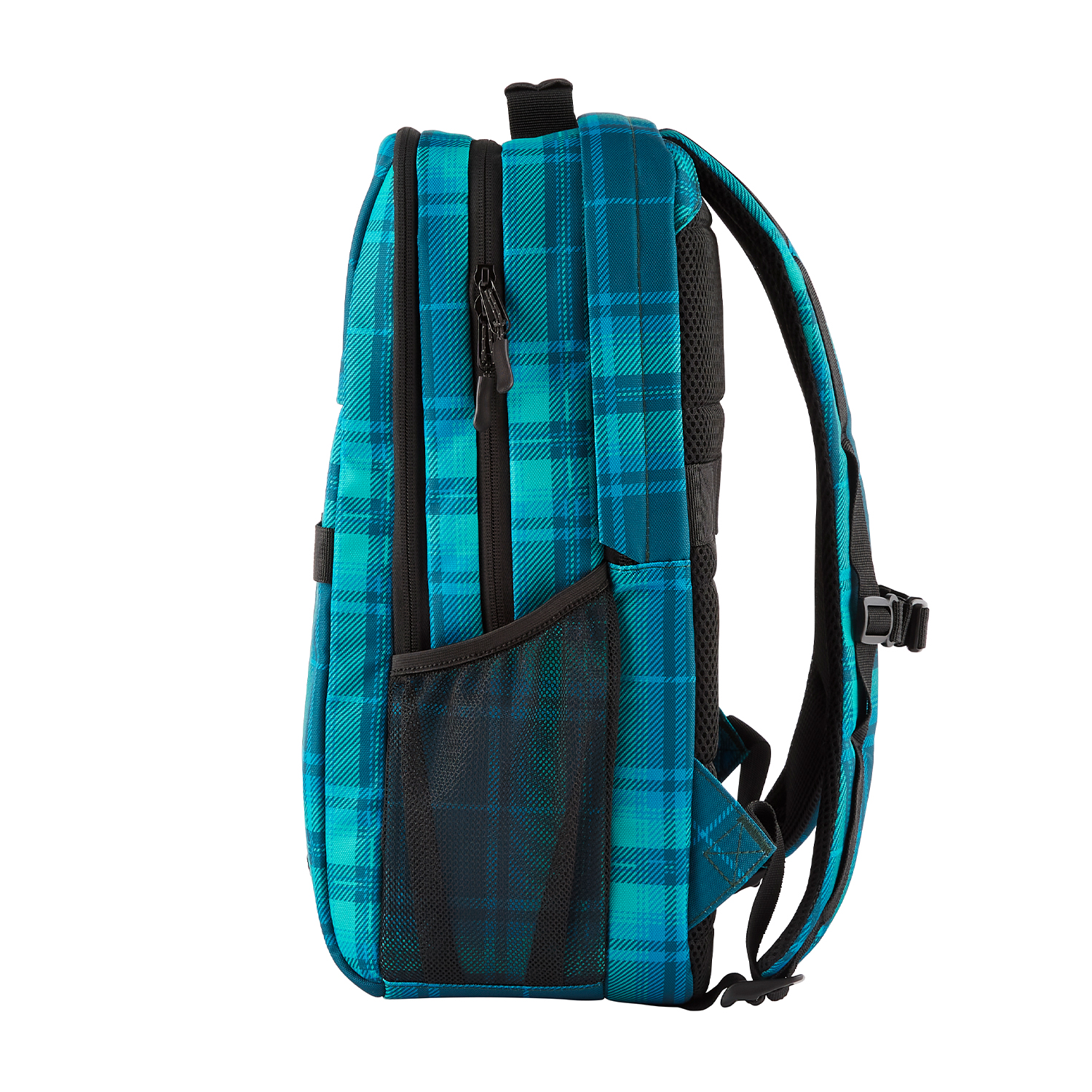 Zaino a quadri blu e verde acqua con tasche e cinghie.