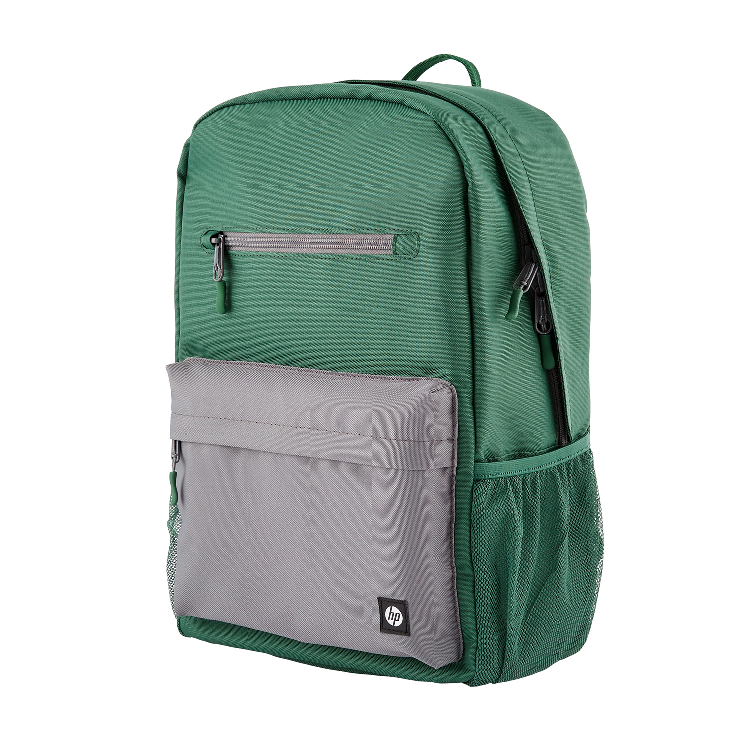 Zaino HP verde e grigio con tasca frontale e laterale in rete, su sfondo bianco.