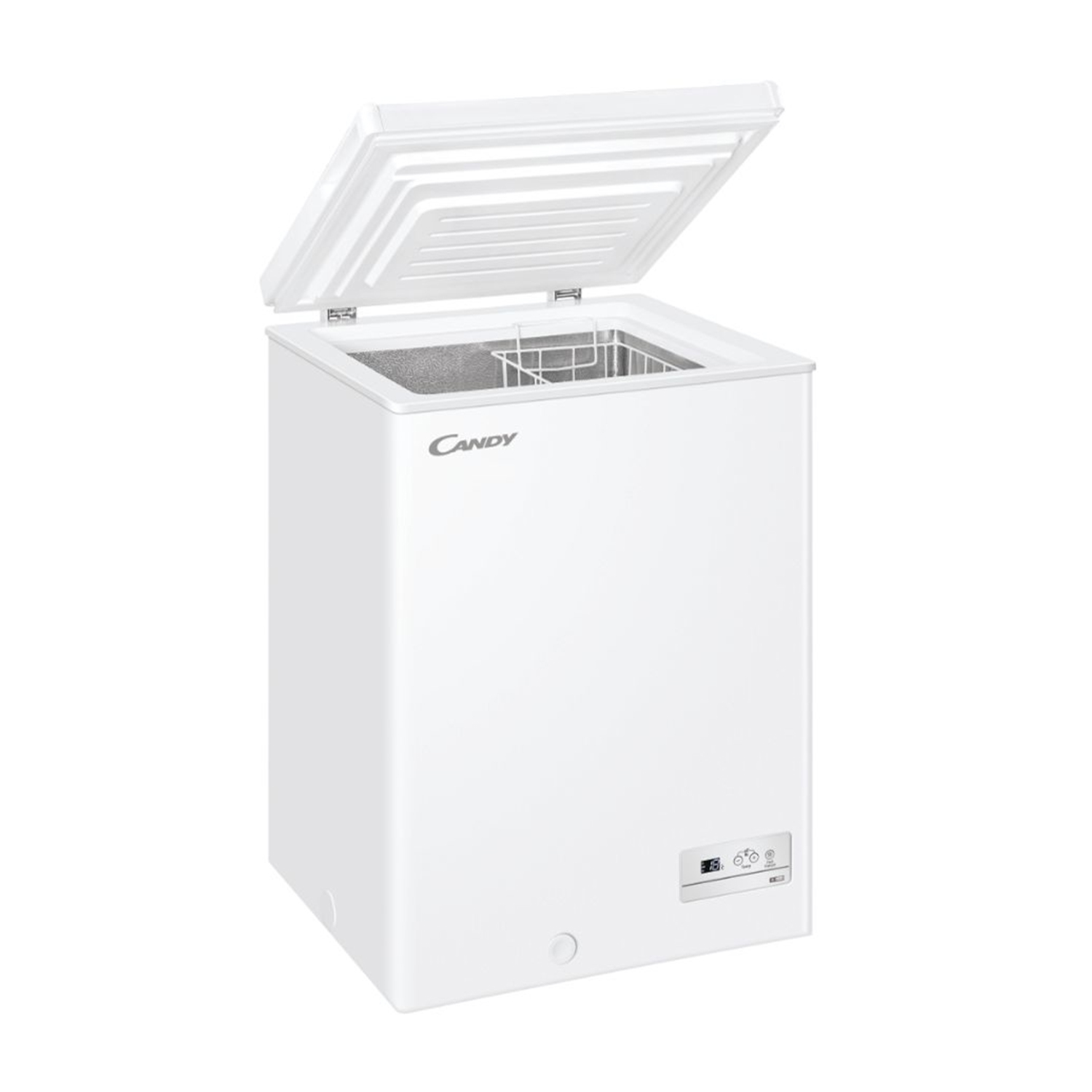 Un congelatore a pozzetto bianco con coperchio aperto.
