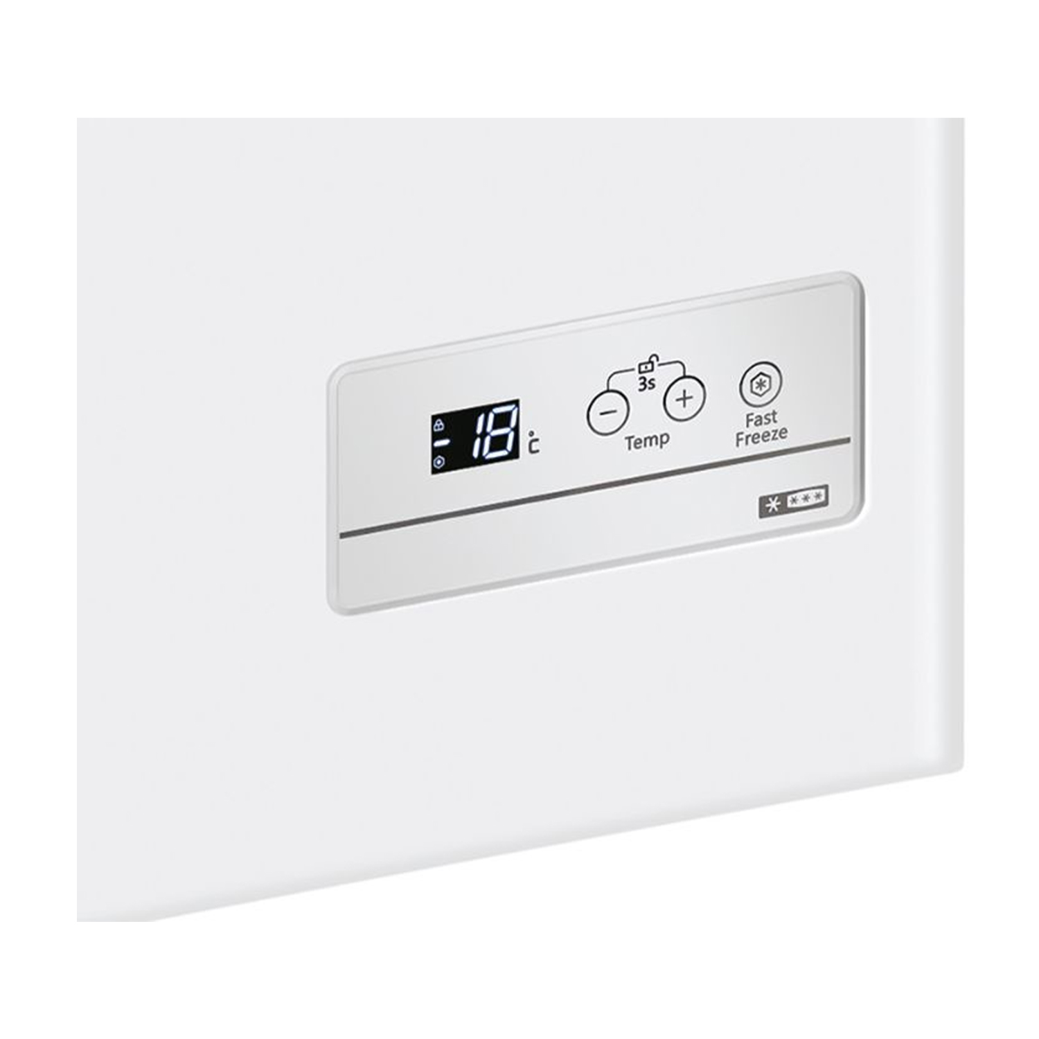 Pannello di controllo bianco con display digitale '18' e pulsanti per temperatura e congelamento rapido.