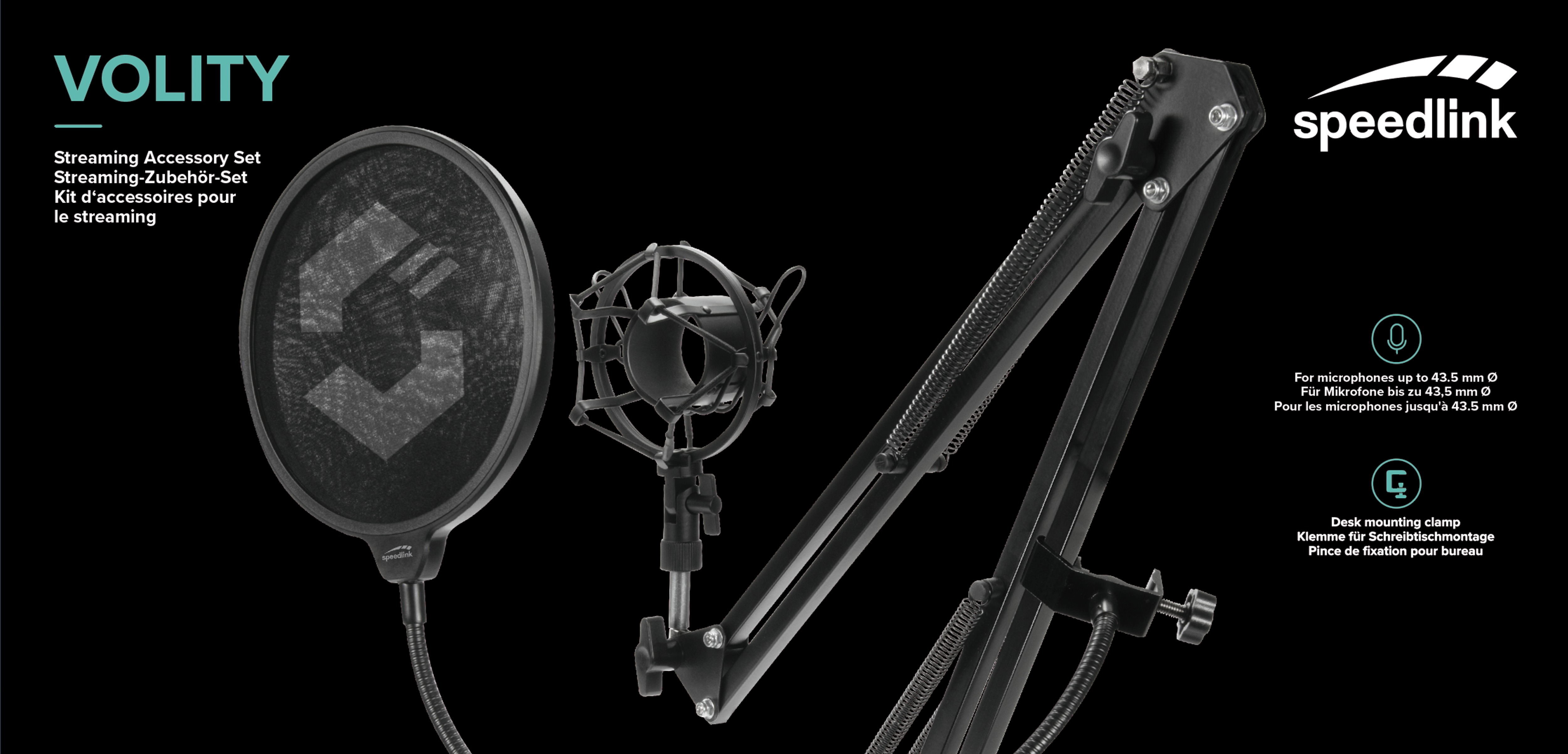 Streaming-Zubehör-Set: Mikrofon, Pop-Filter und Ständer. Schwarze Farbe. Marke Speedlink.